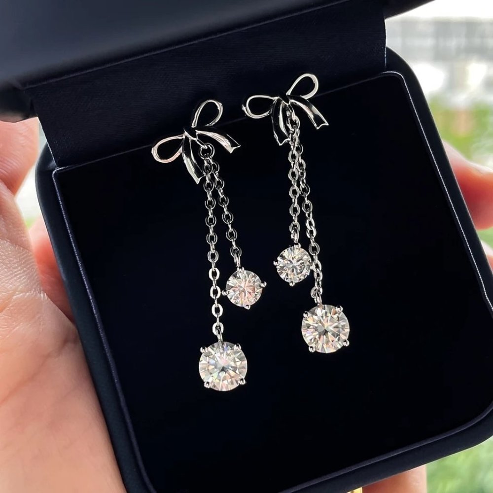 Certified 3ct. t.w. Diamond Bow Dangle Earrings 18k White Gold over Italy Silver - Picture 4 of 14
